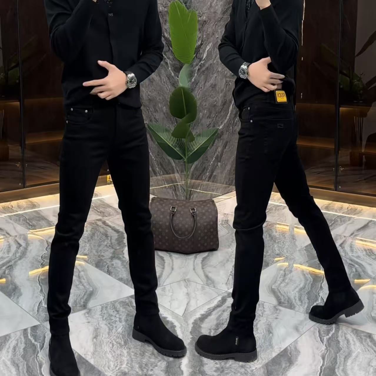 FD男士高弹力修身显瘦小脚牛仔裤时尚潮流百搭黑色加绒牛仔裤