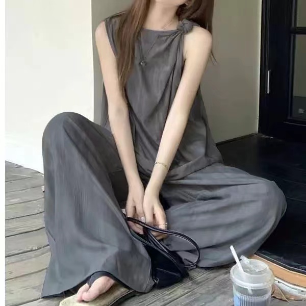 2025新款夏季松弛感穿搭套装气质无袖背心女阔腿裤拖地裤两件套