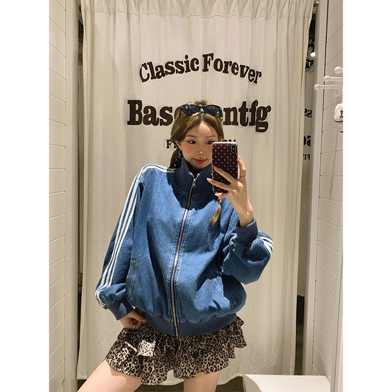 复古蓝色牛仔棒球外套女秋季新款拉链设计三条杠百搭夹克开衫上衣