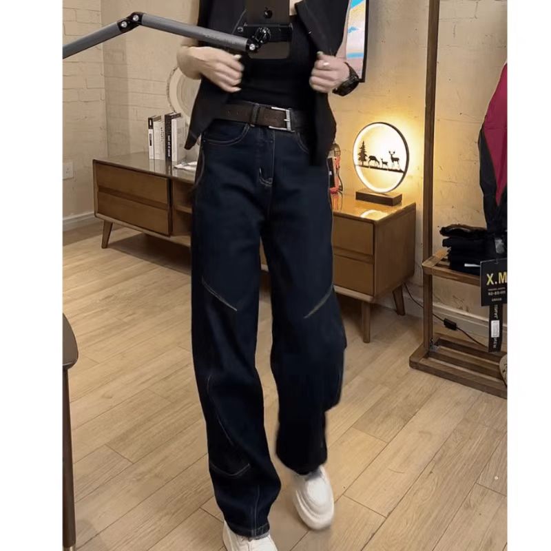 秋季新款窄版直筒牛仔裤女高腰显瘦宽松大码微胖复古百搭长裤