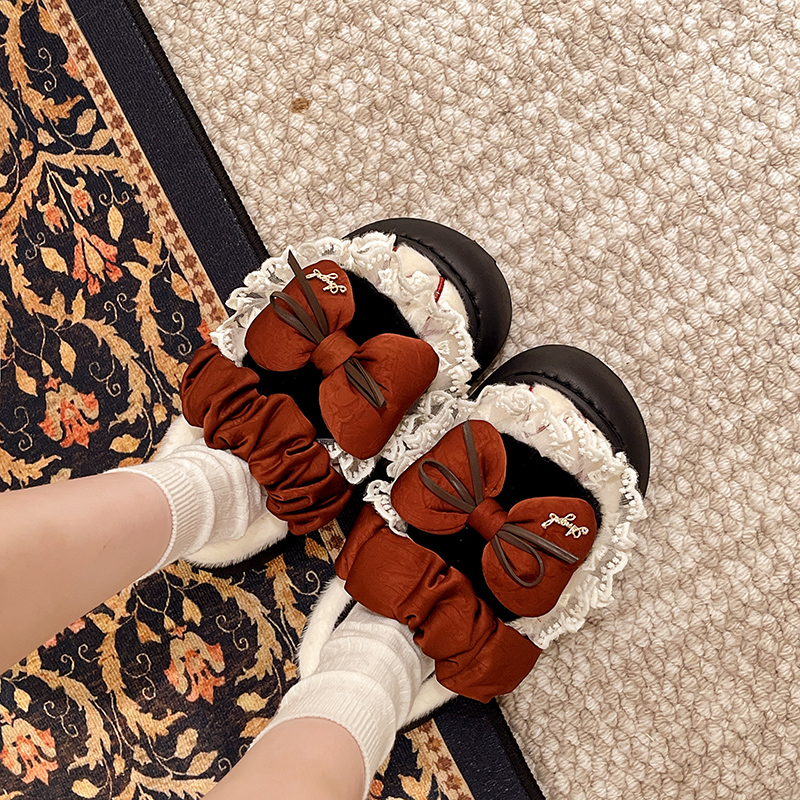 蝴蝶结棉拖鞋女款秋冬季外穿加绒保暖室内家居防滑毛毛拖棉拖女士