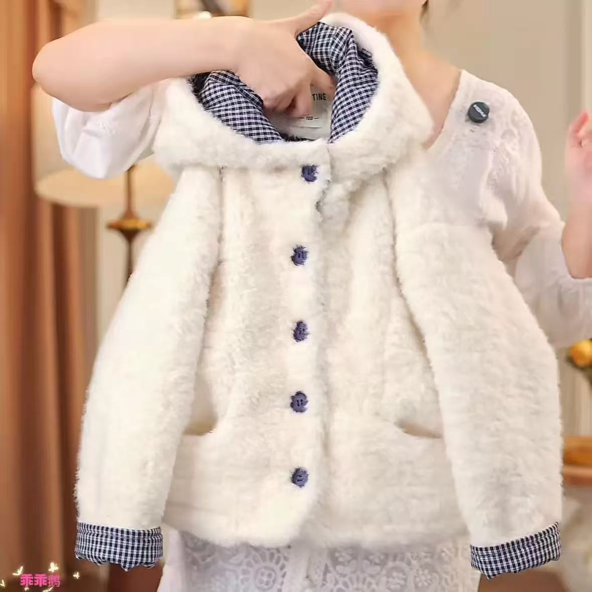 女童冬季棉衣新款儿童休闲加绒加厚拼格子儿童衣服秋冬款