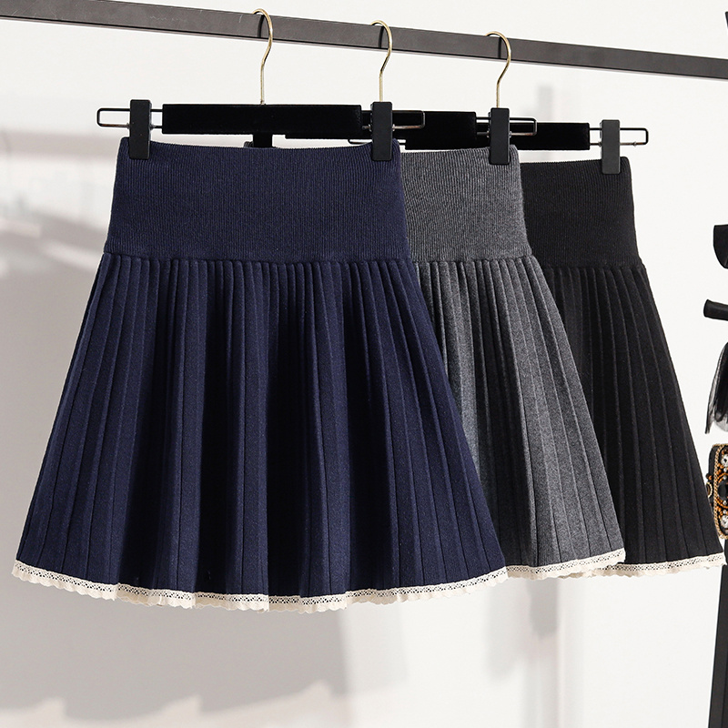 2025大码女装秋冬胖mm韩版小个子蕾丝花边高腰显瘦针织百褶半身裙