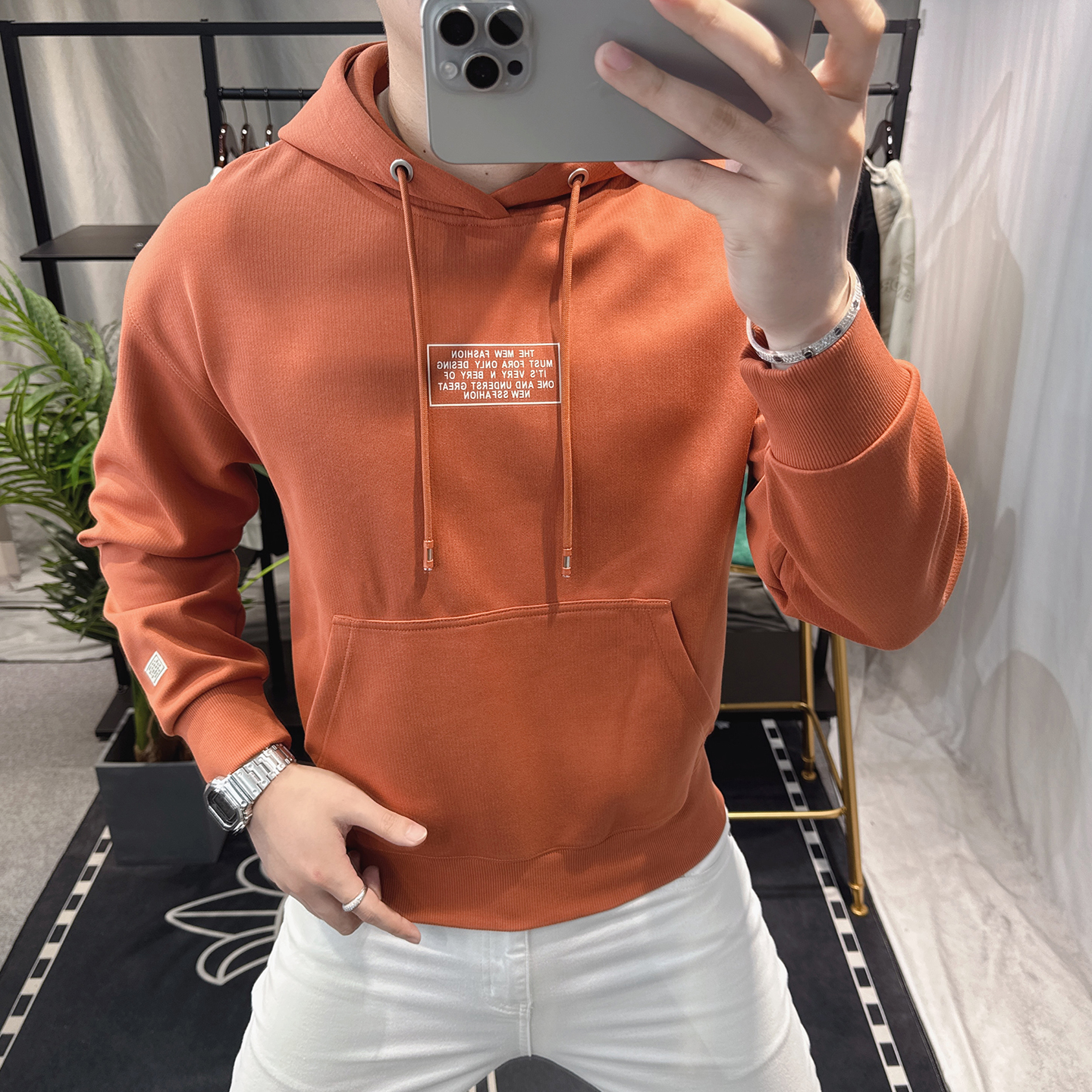 欧洲站2025春秋款潮流连帽卫衣男字母印花时尚宽松上衣男士套头衫