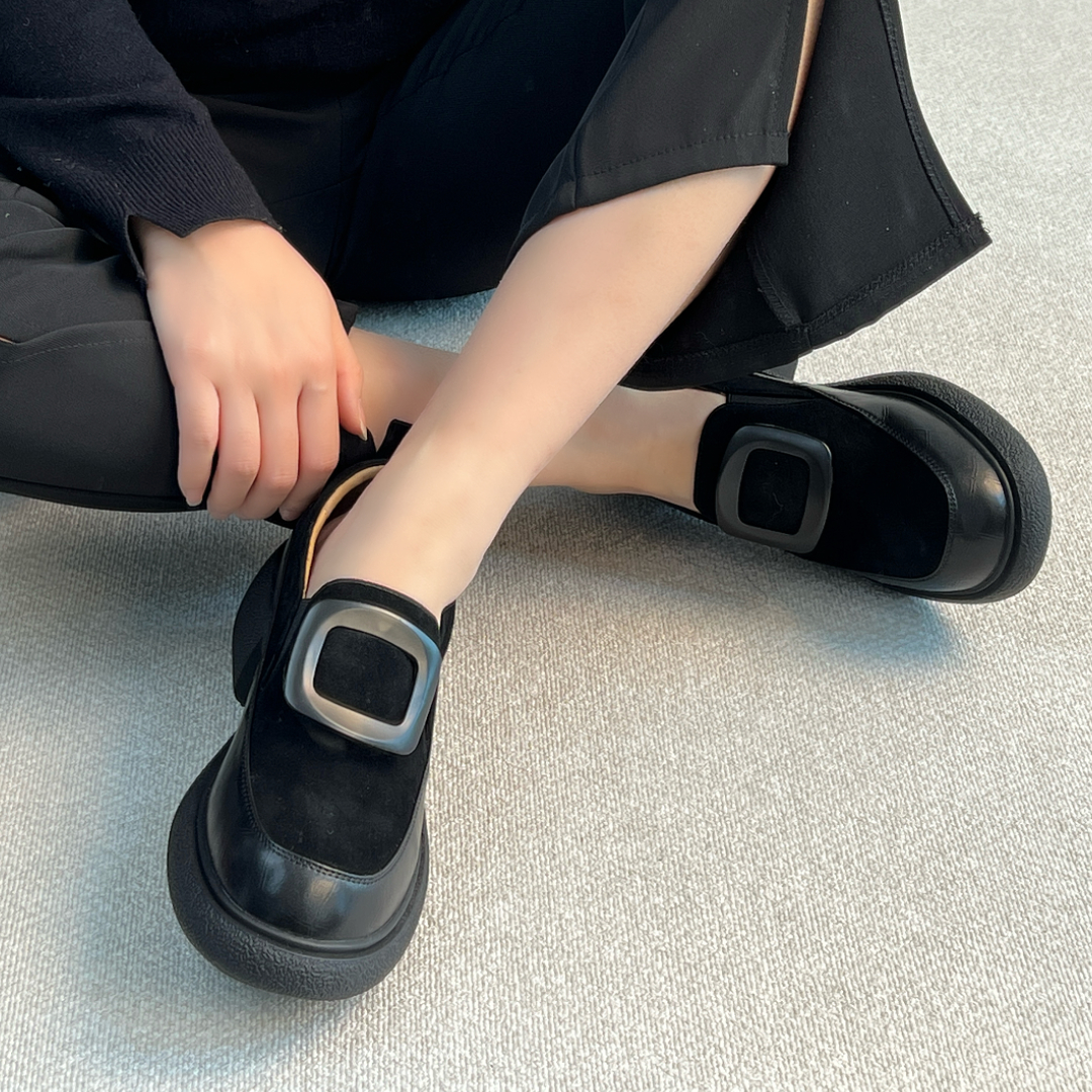 nnmiss•34-39/5cm气质简约圆头方扣件乐福鞋复古深口粗跟通勤单鞋