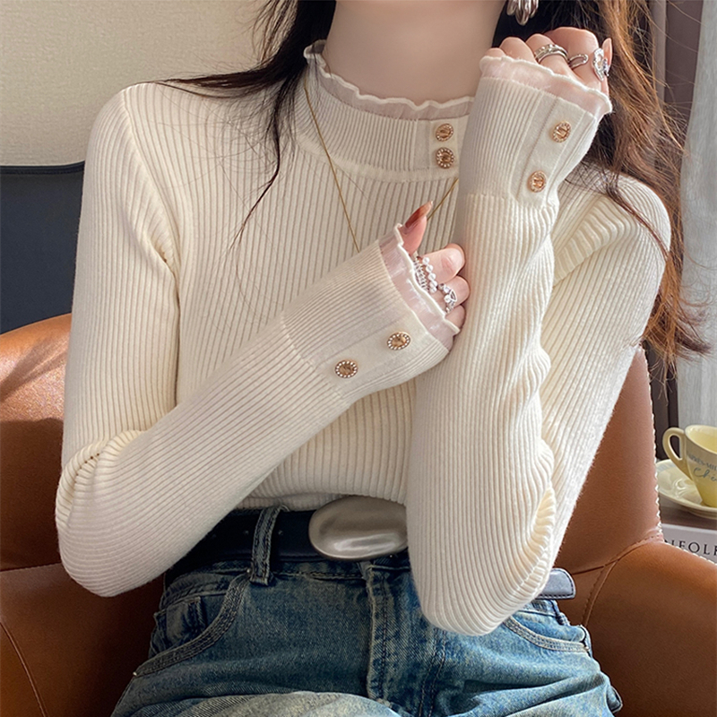 2025秋冬新款半高领针织打底衫长袖套头蕾丝内搭纯色小香风毛衣女