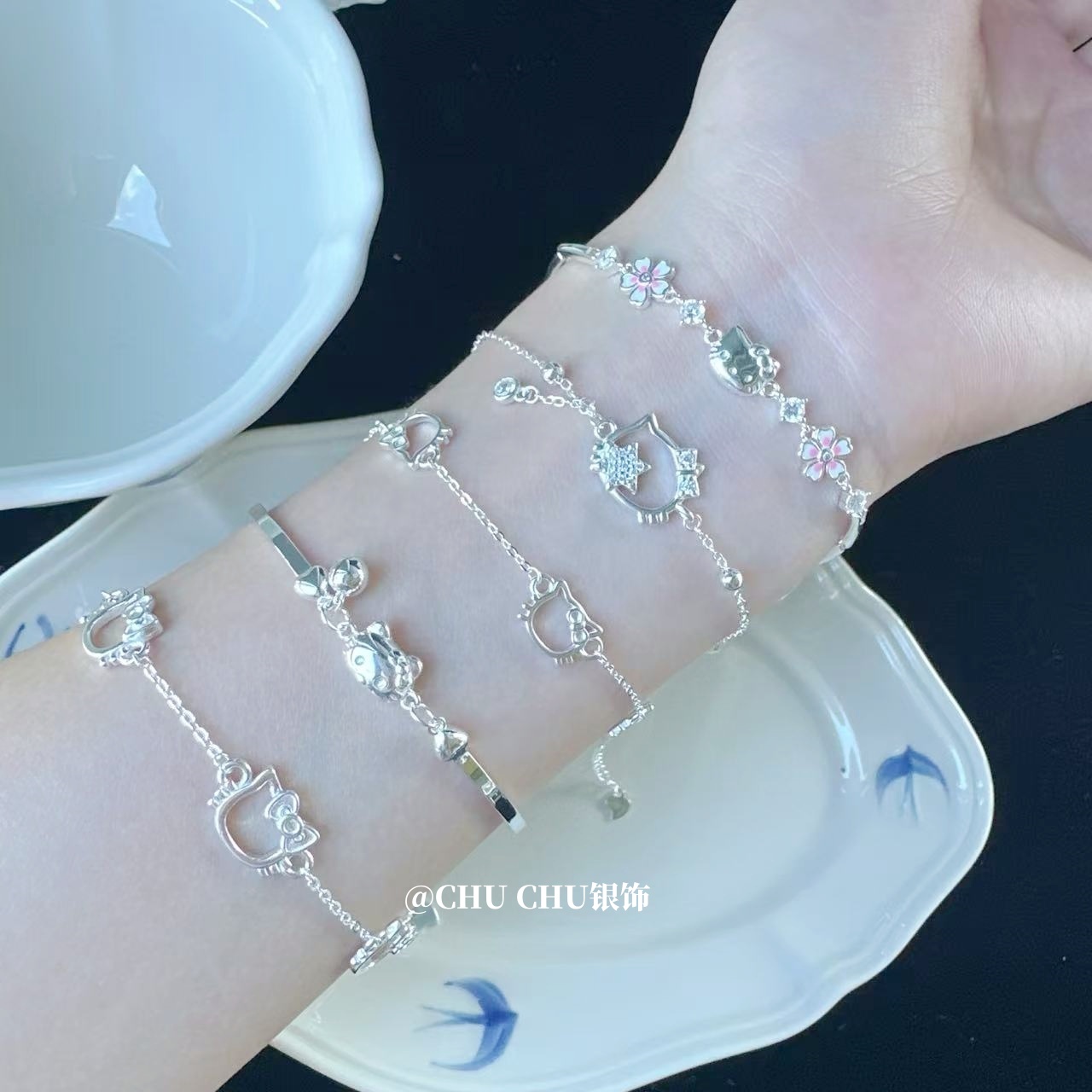 足银手链 足银990hallokt铃铛纯银手链ins百搭少女心甜美闺蜜同款