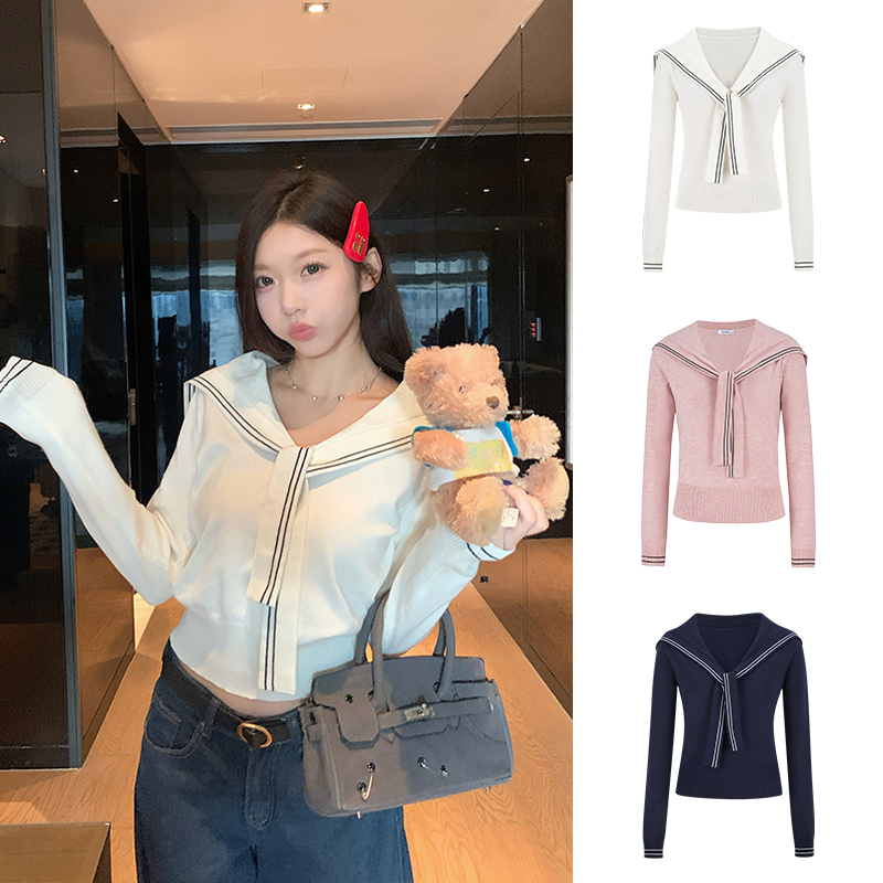 Moses Queen/魔西女王学院风短款海军领女针织毛针织衫长袖早秋