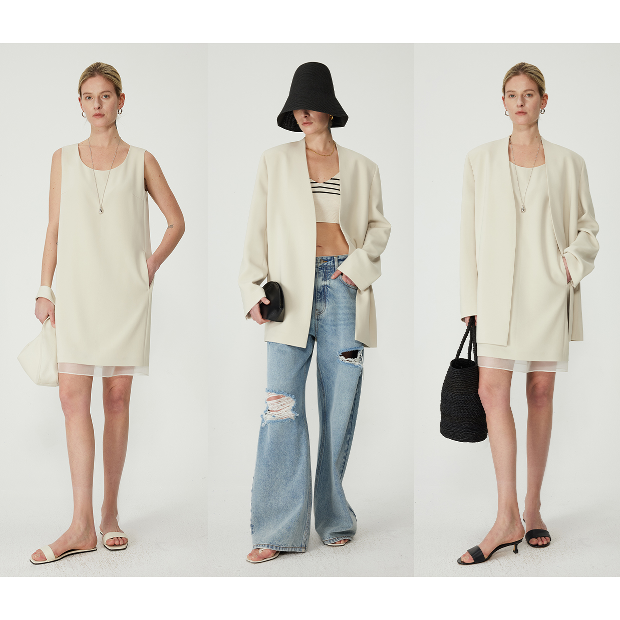 KEIGAN/开间日本三醋酸极简易打理无领西装仙气欧根纱拼接连衣裙