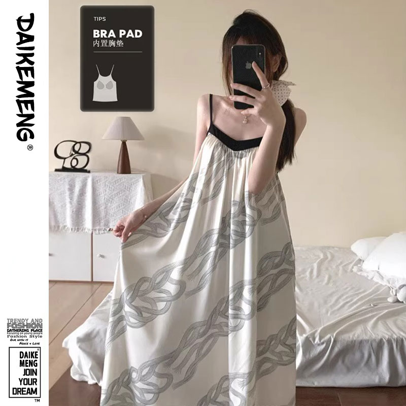 唯美水墨风吊带连衣裙女士可外穿甜美性感撞色休闲时尚家居服睡裙