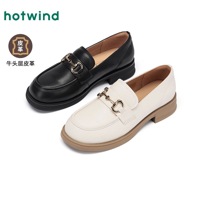 热风2025年秋季新款英伦风黑色小皮鞋小个子百搭女鞋H02W25302