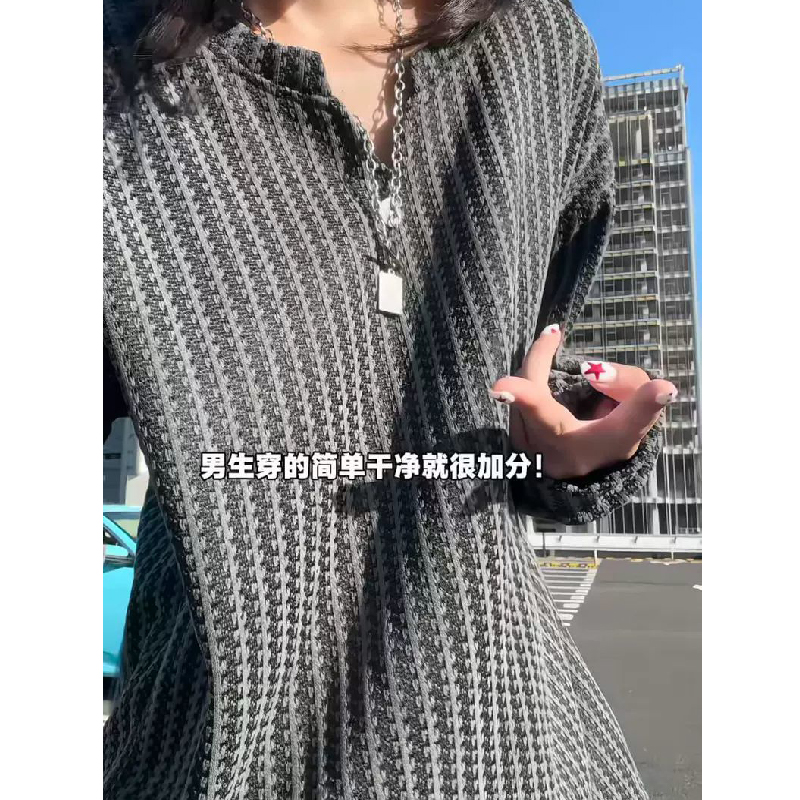 新款肌理感小V领长袖t恤男款轻薄美式慵懒风卫衣高级感内搭打底衫