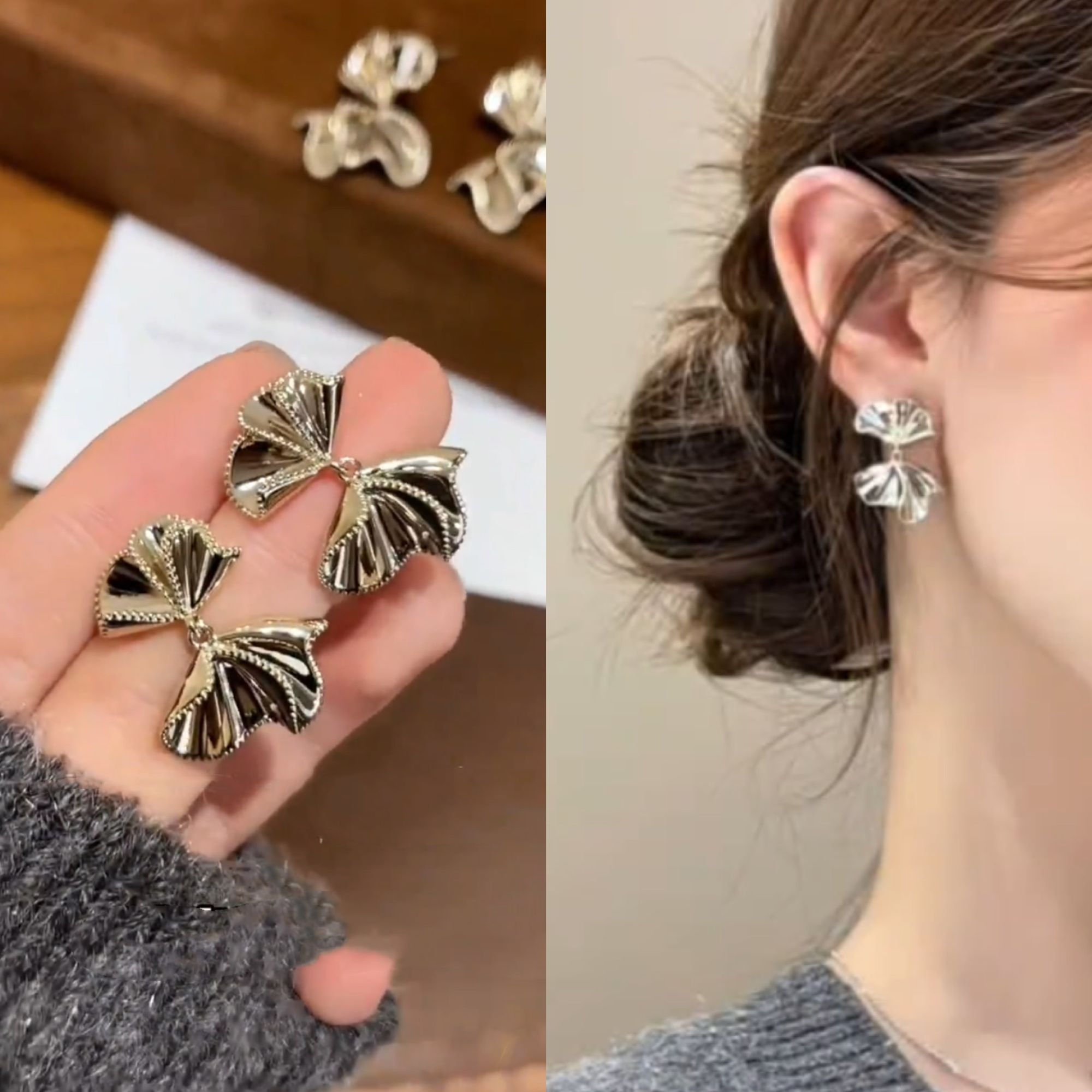 铜合金耳饰 小众设计感复古褶皱蝴蝶结耳钉百搭时尚气质韩版耳饰