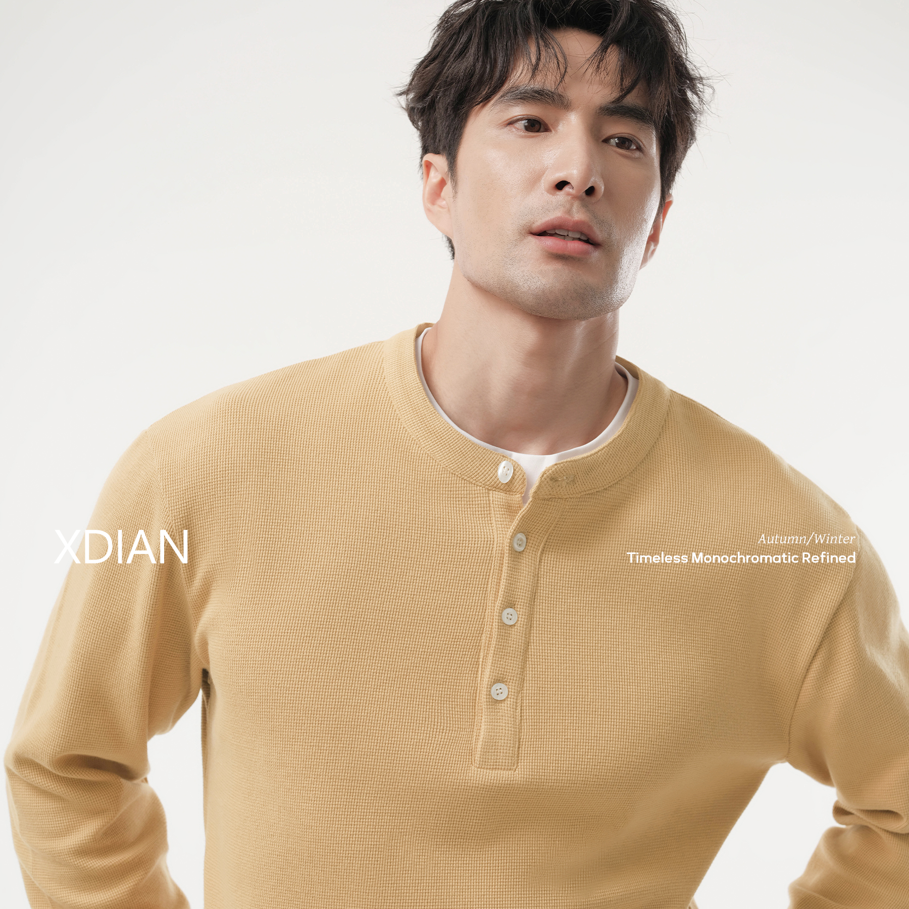XDIAN/续点假两件美式亨利领套头华夫格长袖t恤休闲高级感卫衣