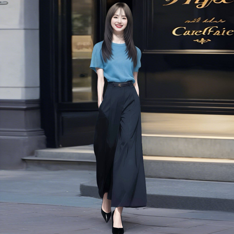 紫色针织气质短袖阔腿裤2026新款休闲通勤大方得体夏季绝美套装女