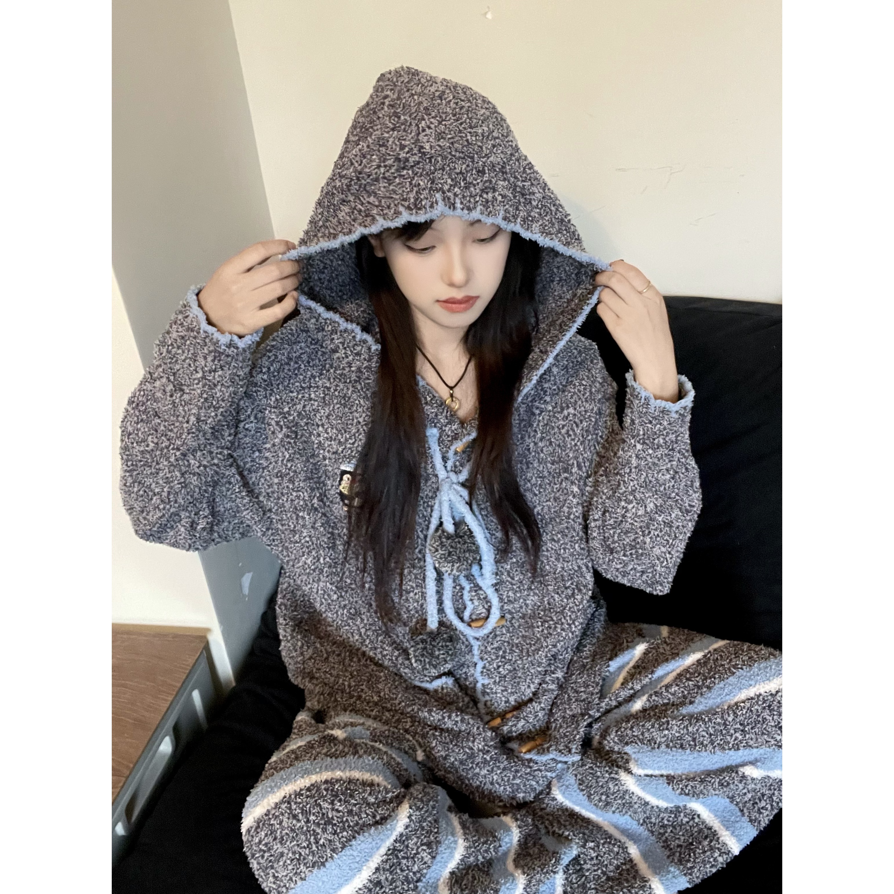 企鹅连帽半边绒秋冬开衫睡衣女韩系可爱条纹加厚保暖家居服套装