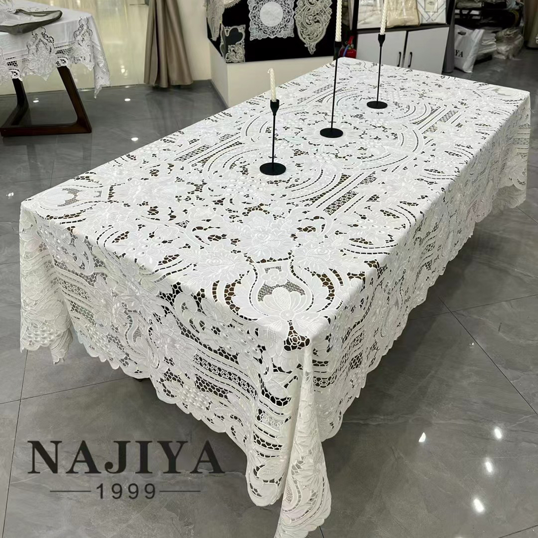 NAJIYA-73欧式轻奢风格长方形亚麻镂空刺绣家用长方形桌布茶几布
