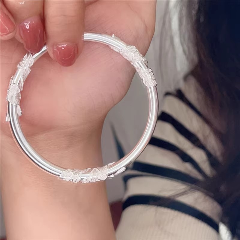 足银手镯 繁花似锦闭口银镯子纯银999手镯送女友母亲节礼物