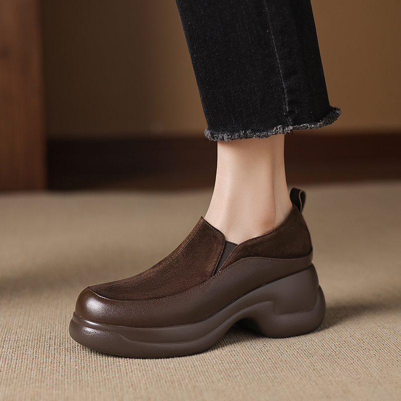 6cm百搭松糕厚底鞋新款一脚蹬乐福鞋小个子舒适增高坡跟深口单鞋