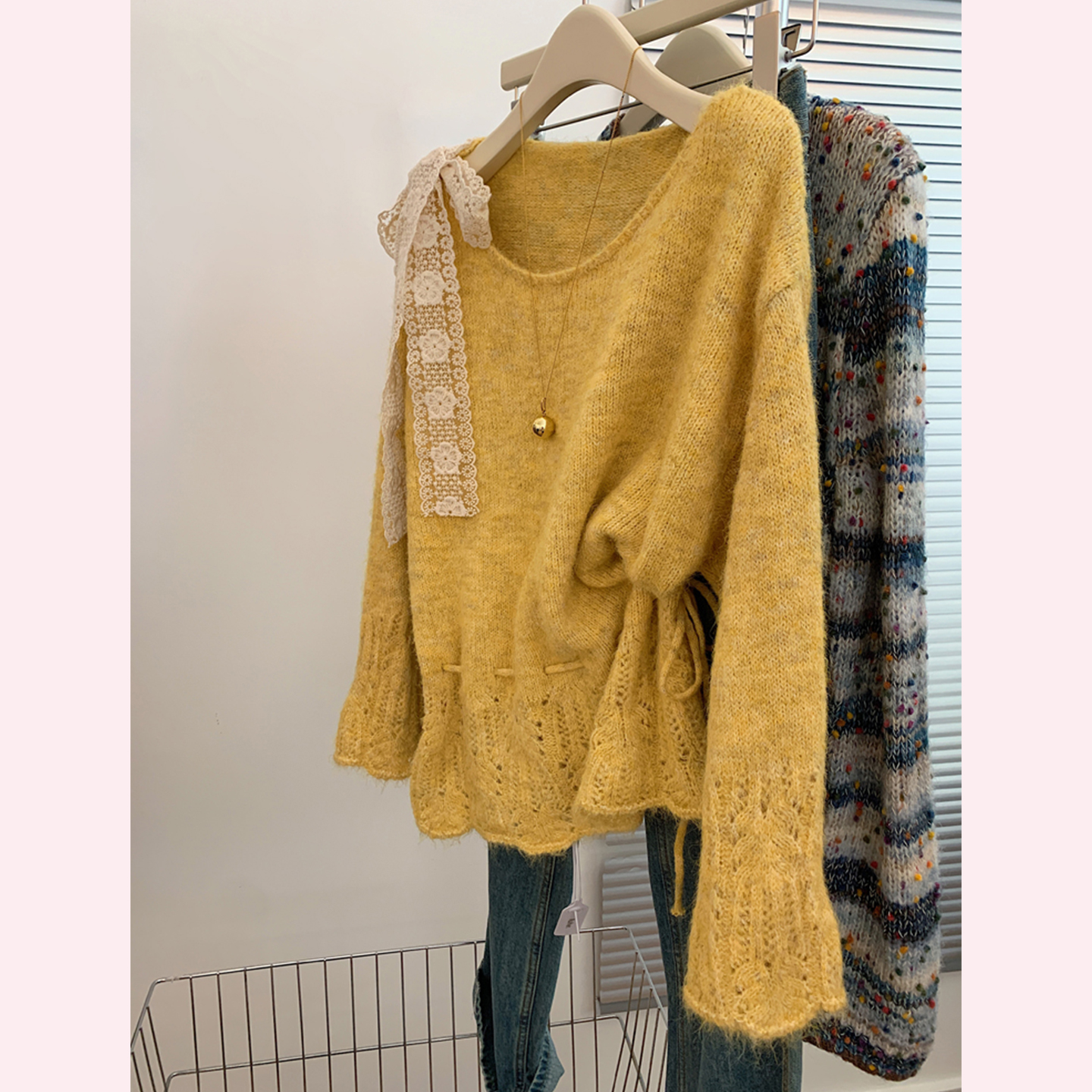 法式系带蝴蝶结长袖针织衫女秋款软糯马海毛毛衣辣妹绑带收腰上衣