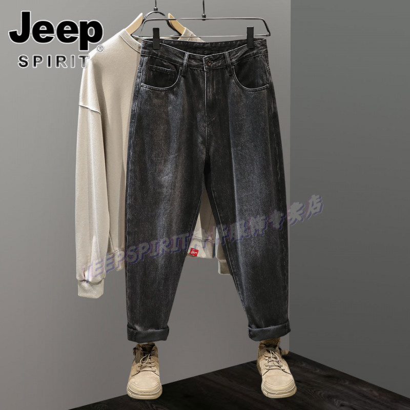 Jeep吉普美式复古宽松直筒阔腿牛仔裤男黑色高街裤子收口哈伦裤子