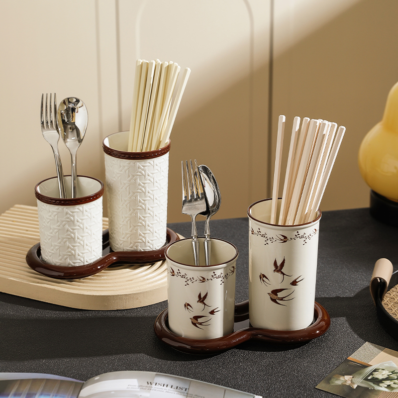 舍里法式藤编纹陶瓷筷子筒沥水家用厨房轻奢高档台面勺子收纳盒