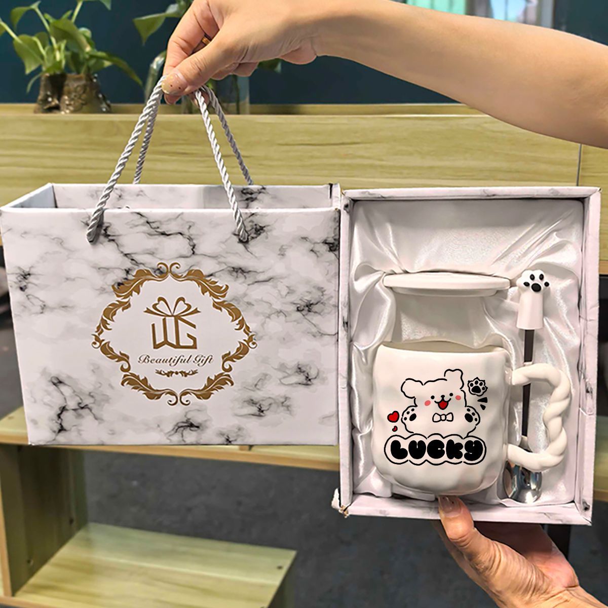 创意fufu线条小狗带盖陶瓷杯高颜值情侣水杯送女生伴手礼生日礼TL