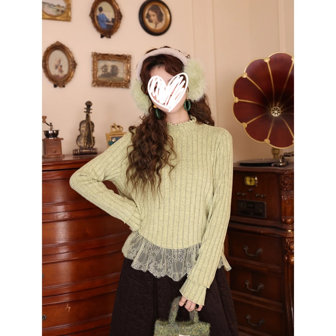 【翠微生烟】港风复古蕾丝针织休闲显瘦宽松上衣