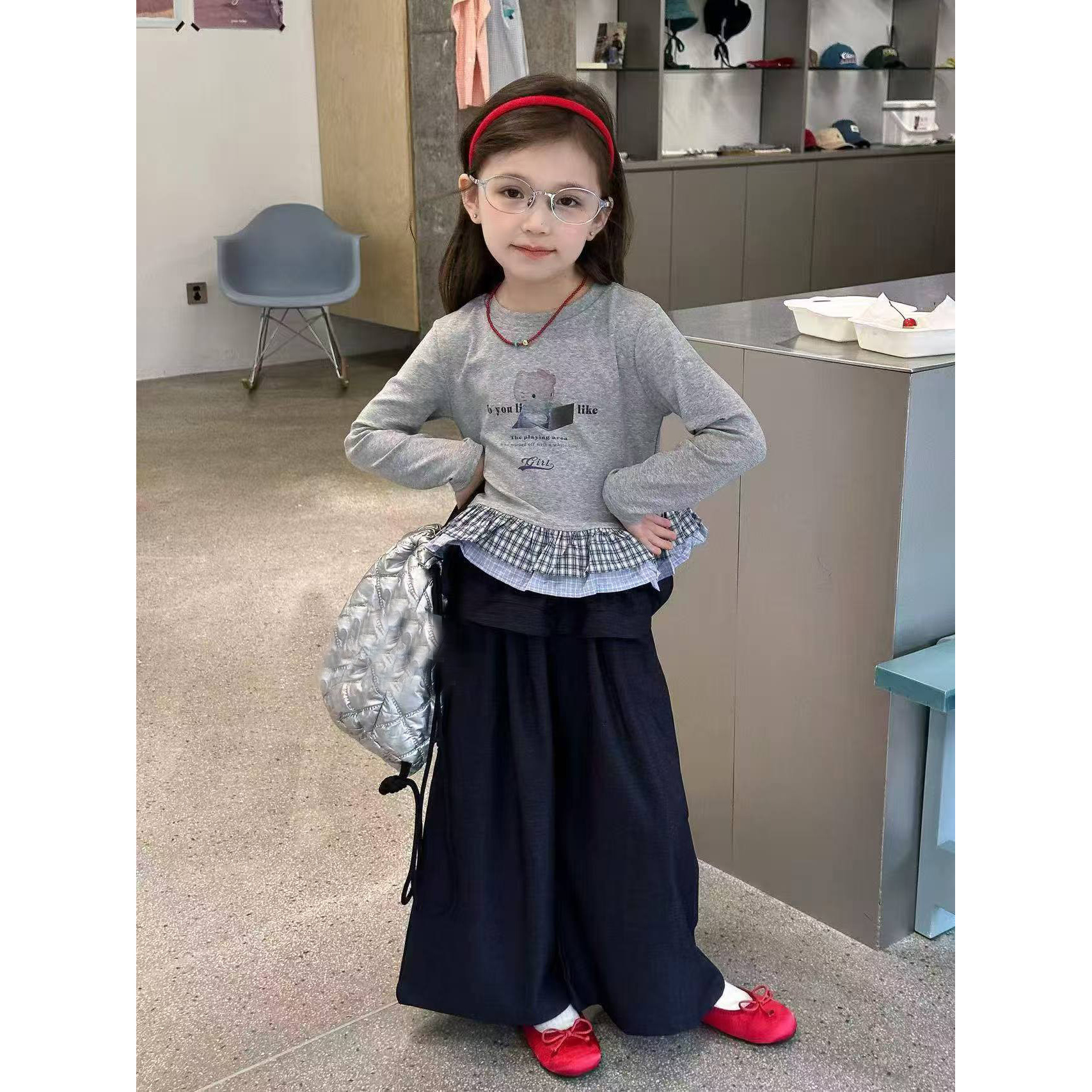 2025秋季新款洋气灰色格子拼接裙摆长袖t恤女小童宝宝打底衫T上衣