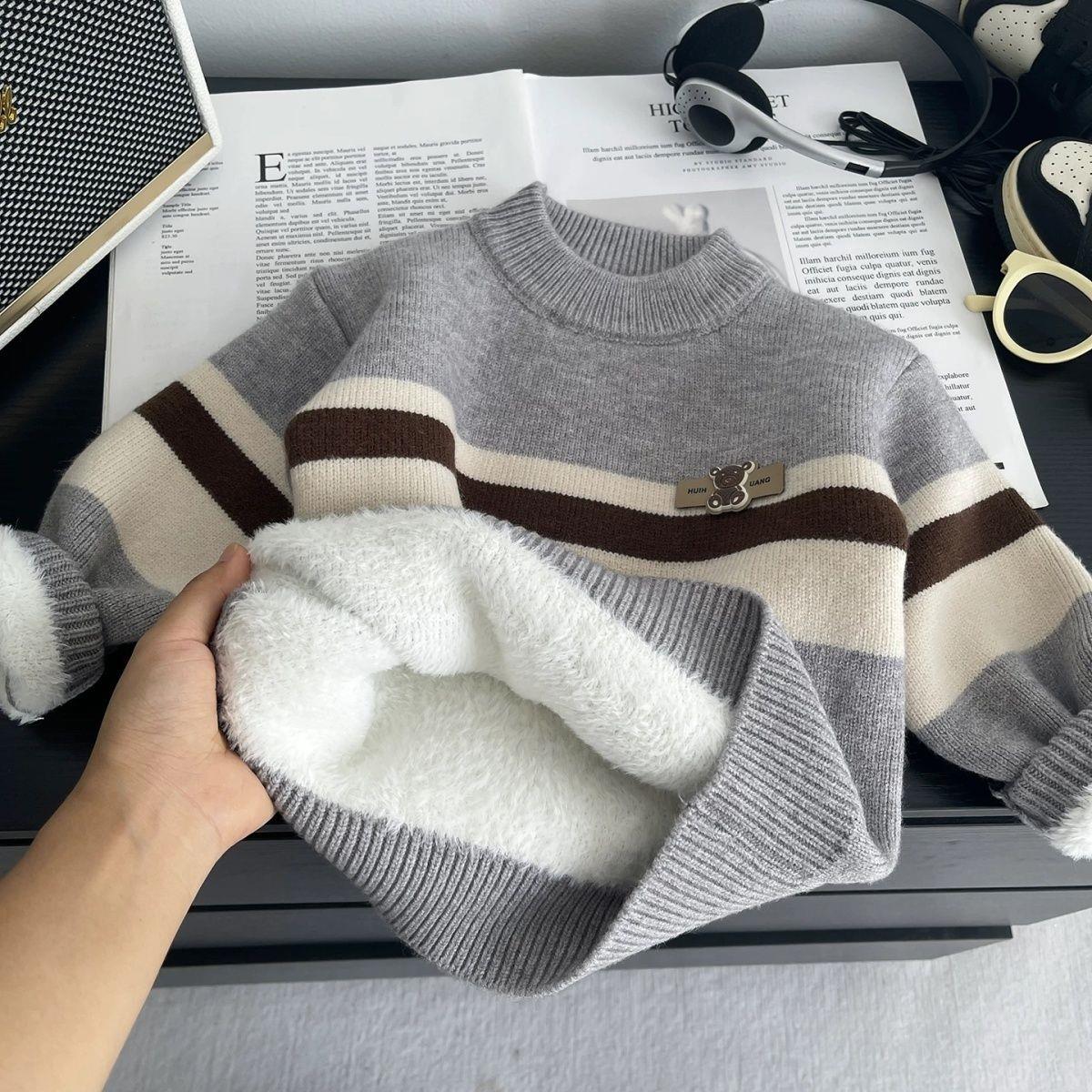 YeeHoO英氏【断码】男童毛衣一体绒新款男宝针织衫加绒加厚宝宝冬季