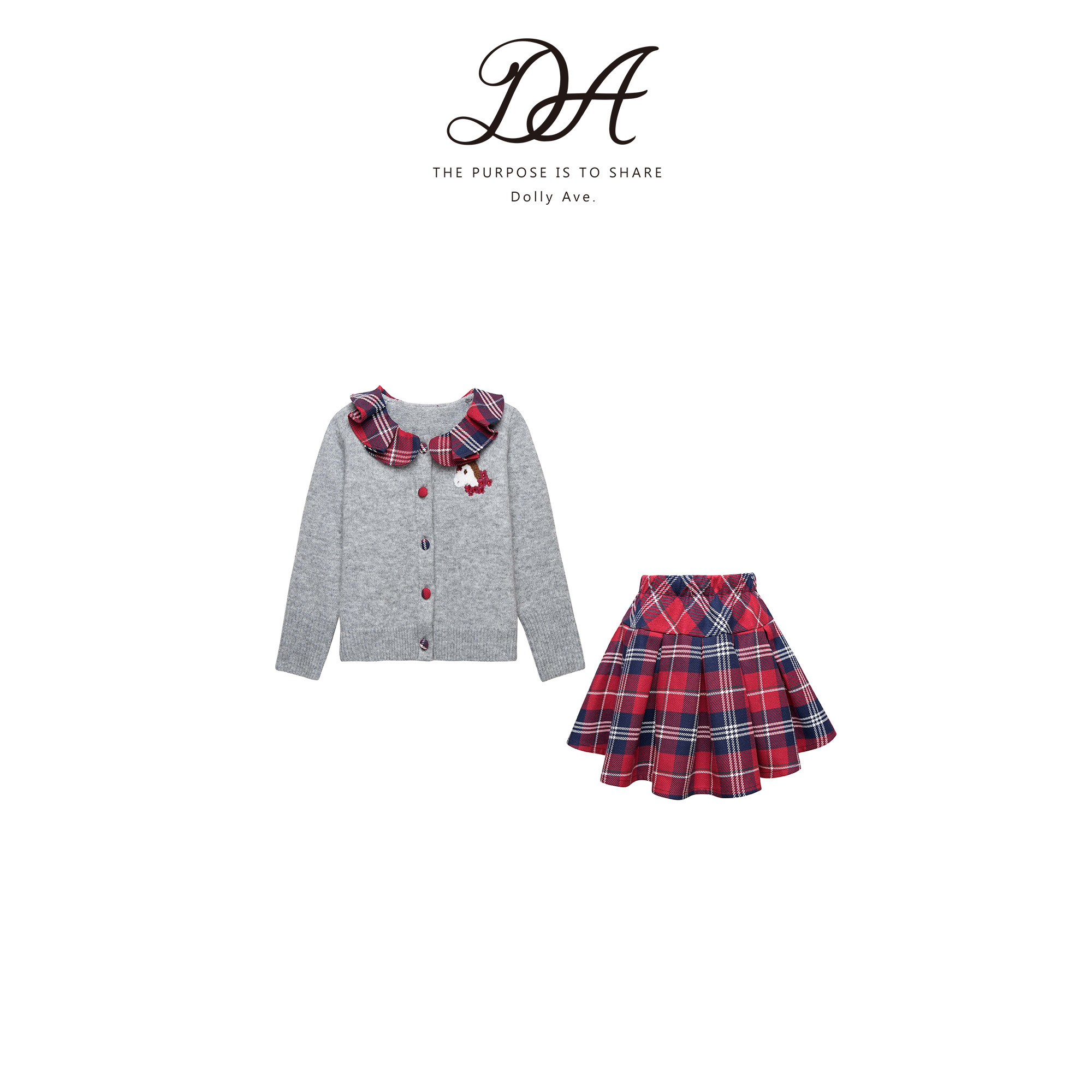 Dolly Ave「少女系列」定制羊毛混纺复古格纹撞色时尚女童半裙套装