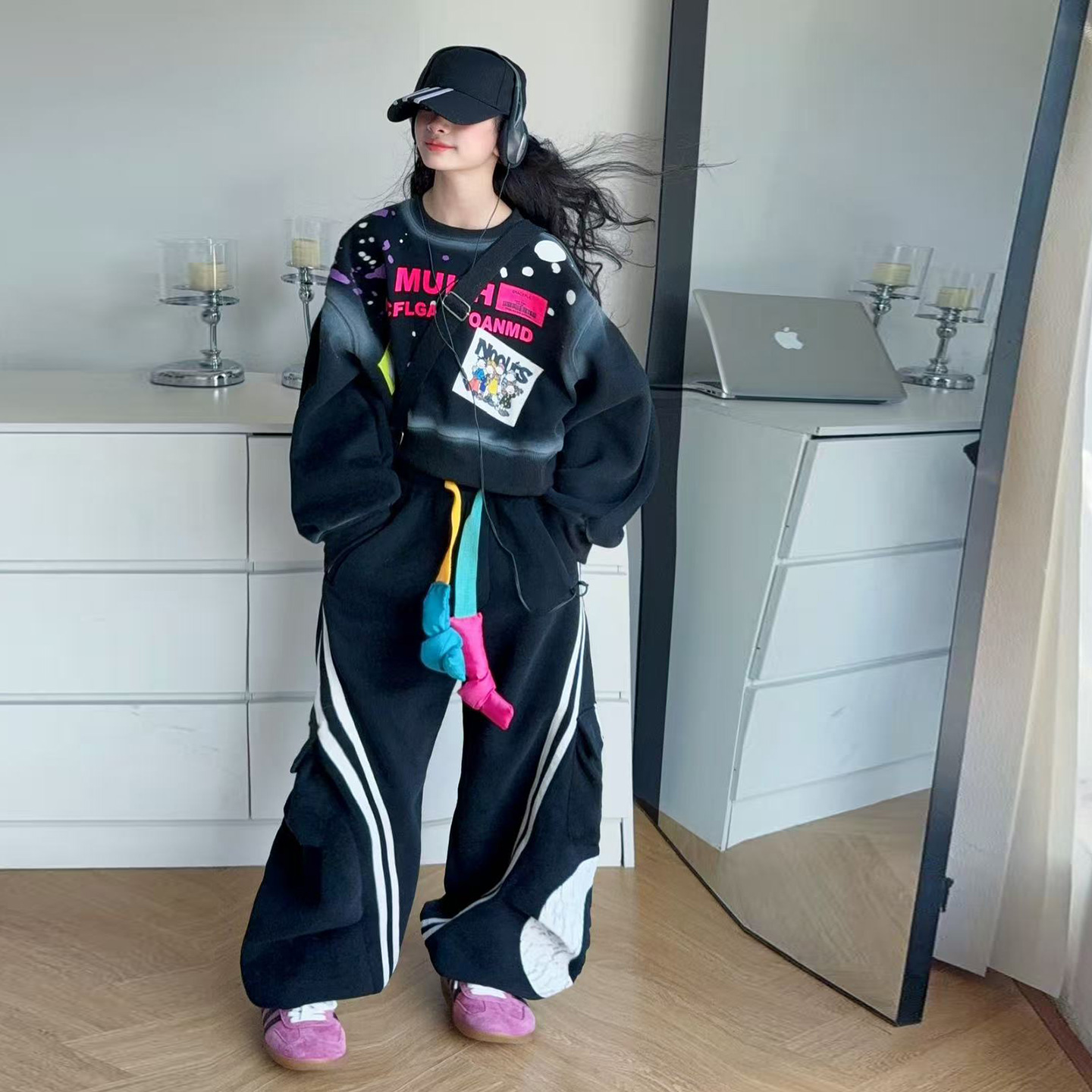 【酷哒仔】女童嘻哈范涂鸦卫衣裤子两件套装2025秋季中大童学生套装