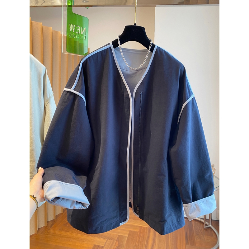 韩系高级感无领外套女春秋2025新款宽松薄款超火拼色休闲夹克风衣