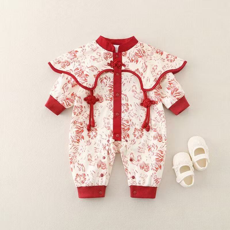 婴幼儿春秋双层中国风中国结女宝连体衣