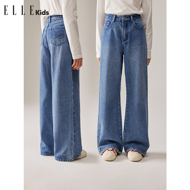 W176 ELLE KIDS 水洗刺绣牛仔裤女童秋周年系列直筒百搭裤子Q1