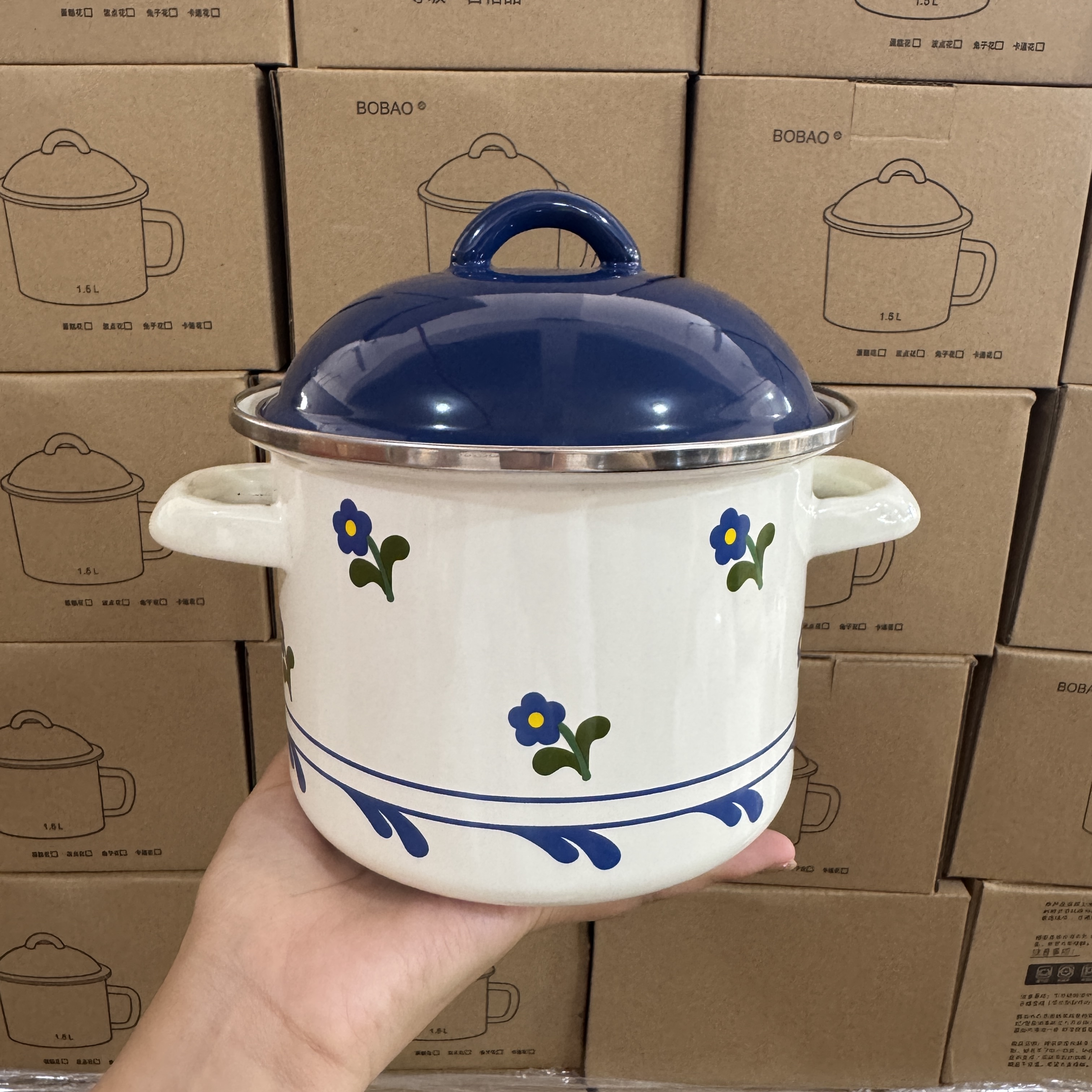 【新粉福利】  16CM 双耳 蓝色盖子 小蓝花 小汤锅 小炖锅猪油罐