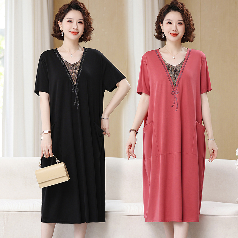 新款V领中老年连衣裙中长款时尚夏季大码遮肚妈妈装气质连衣裙