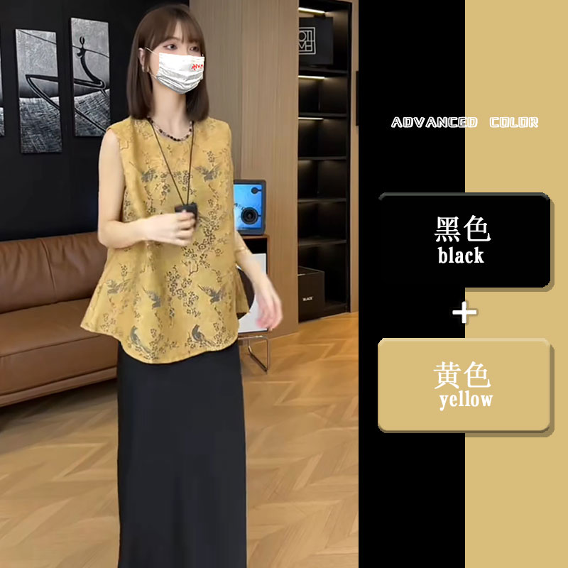 今年流行穿搭一整套女中式国风无袖提花镂空上衣开叉半身裙两件套