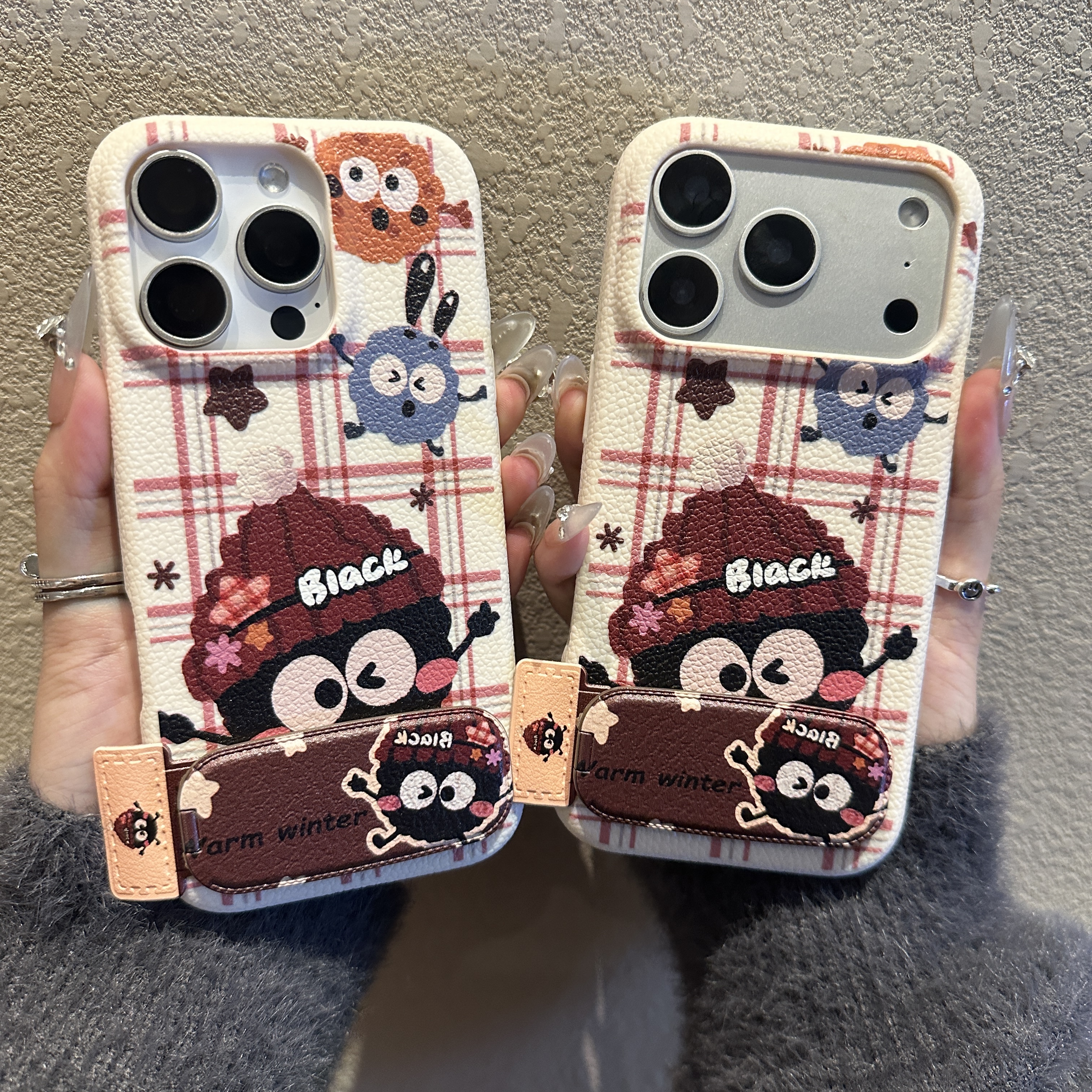 煤球支架适用苹果17/16皮纹手机壳华为vivoppo小米1514防摔潮女款