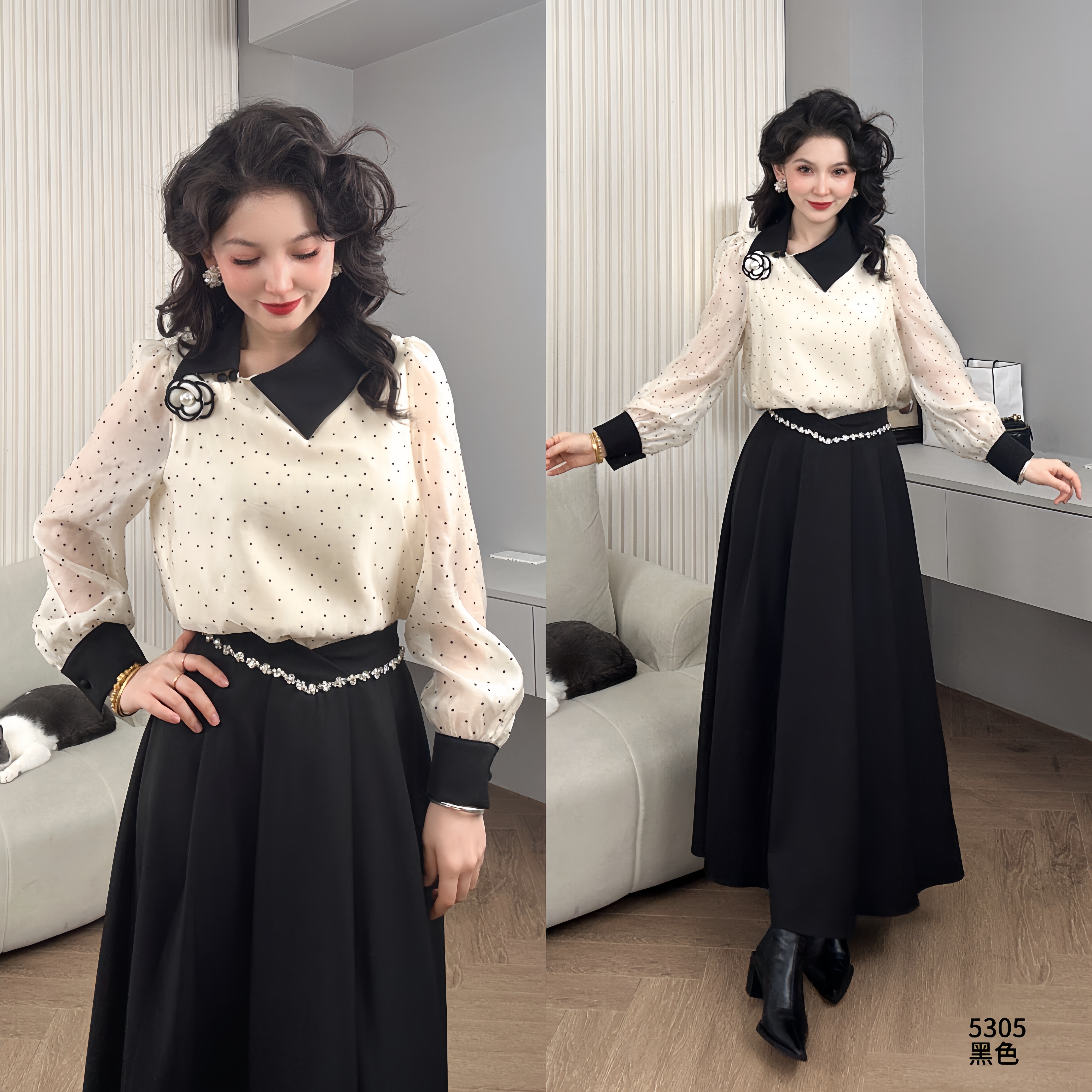 Saeda品牌女装套装波点衬衫轻奢高级感两件套YF5305