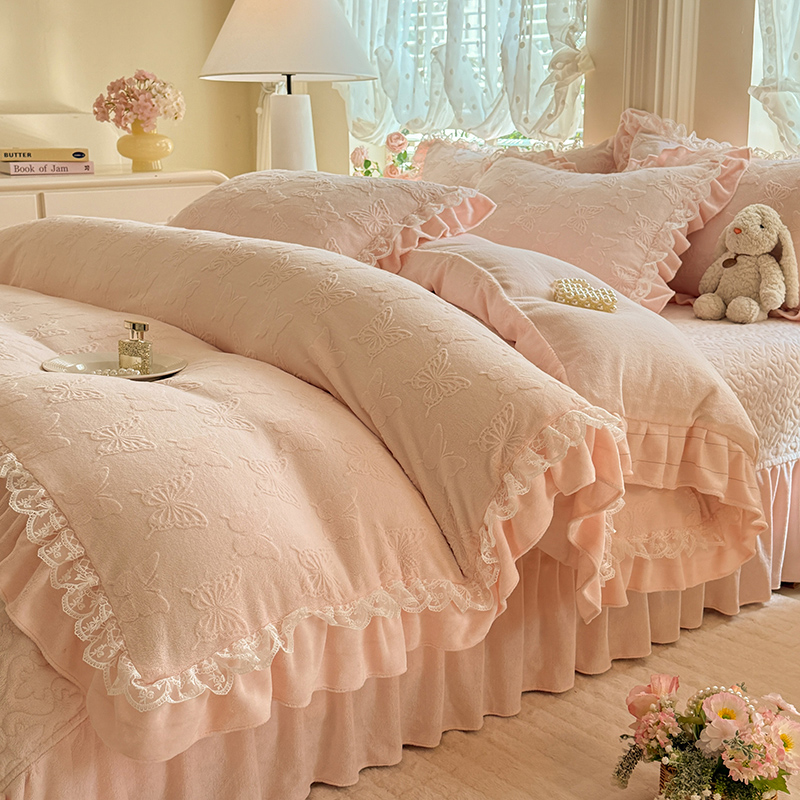秋冬法式雕花牛奶绒四件套床单床盖款浪漫花边超柔软加厚床上用品