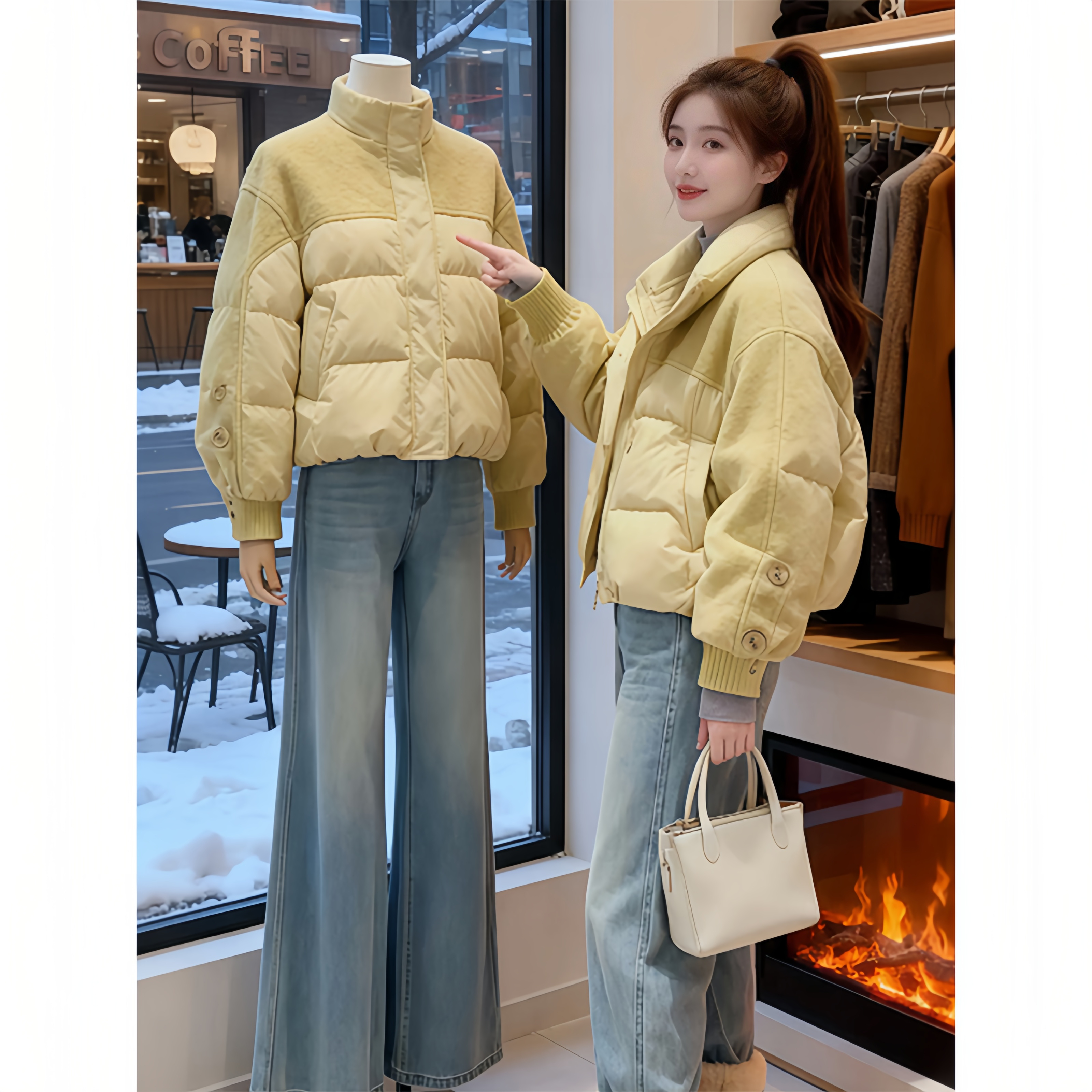 超好看黄色立领棉服女冬季2025新款时尚减龄设计感拼接外套