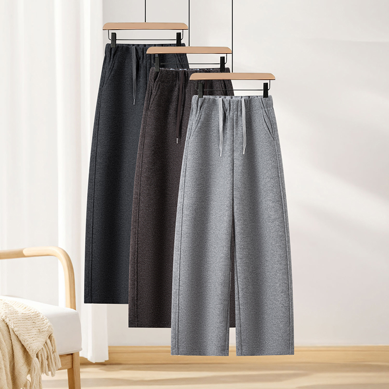 雅鹿呢子保暖休闲裤女秋冬新款潮流加厚显瘦松紧腰拉绒窄版弯刀裤