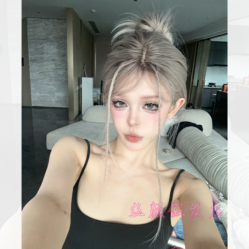 小圆圆不圆-灰色发根染【不用修剪的假发】精修高层次白金色假发套