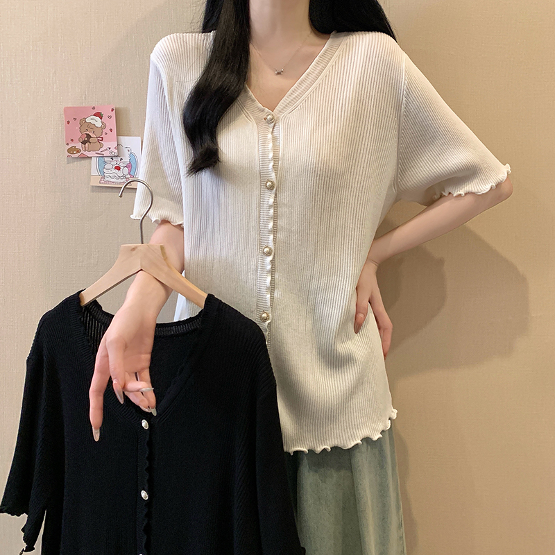 3909大码女装2025夏装新款针织开衫上衣胖mm百搭显瘦冰丝短袖T恤