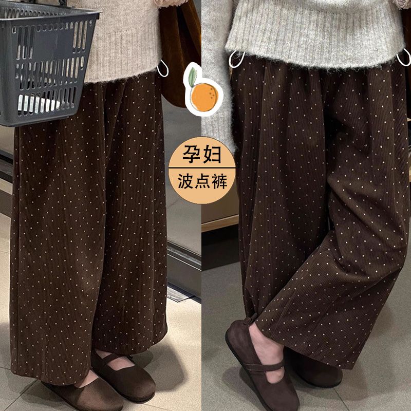 孕妇装高腰波点休闲裤女秋冬新款加绒加厚显瘦灯芯绒小个子阔腿裤
