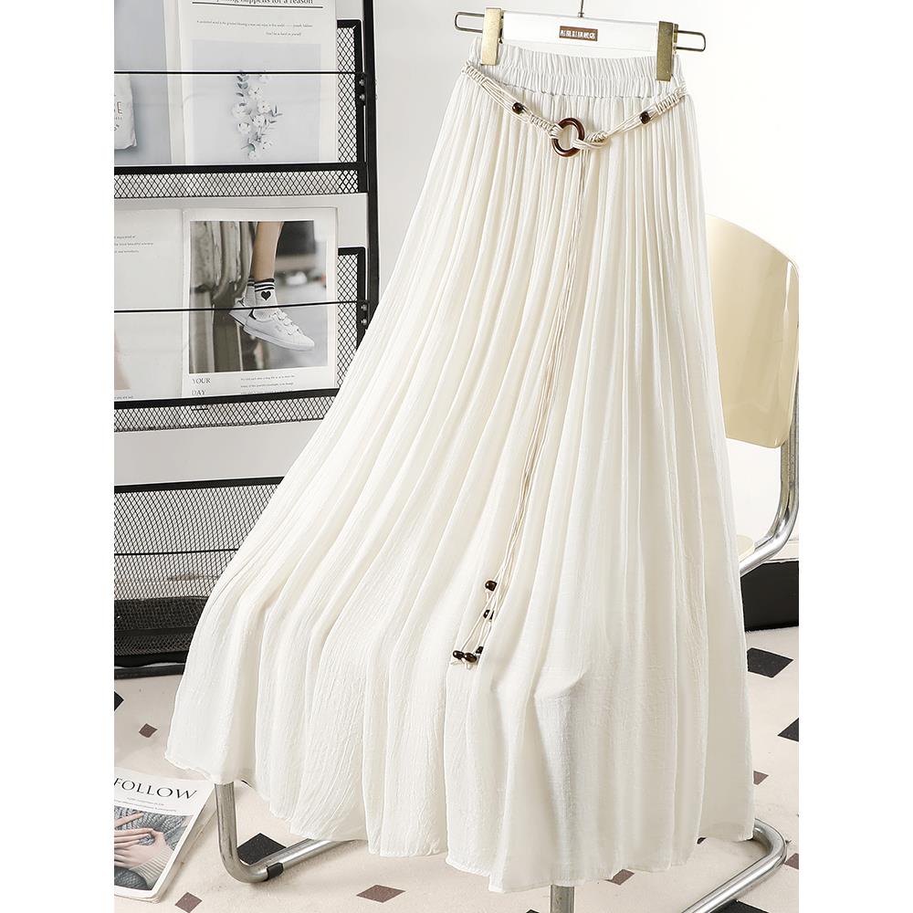 法式杏色长裙显瘦半身裙女夏季薄款松紧高腰长款a字百褶大摆裙子