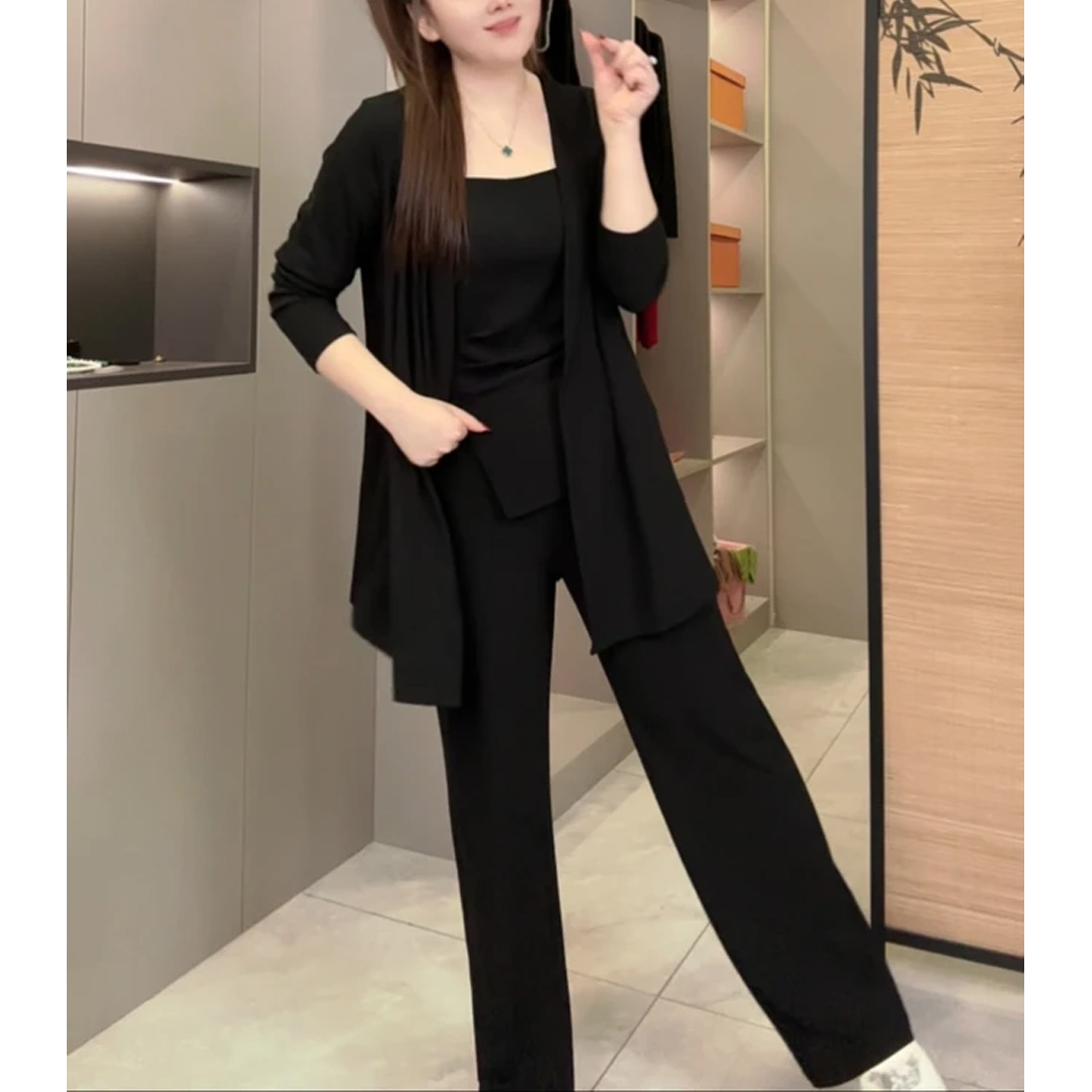 2026春季新款时尚胖mm大码显瘦长袖开衫外搭垂感直筒裤三件套装女