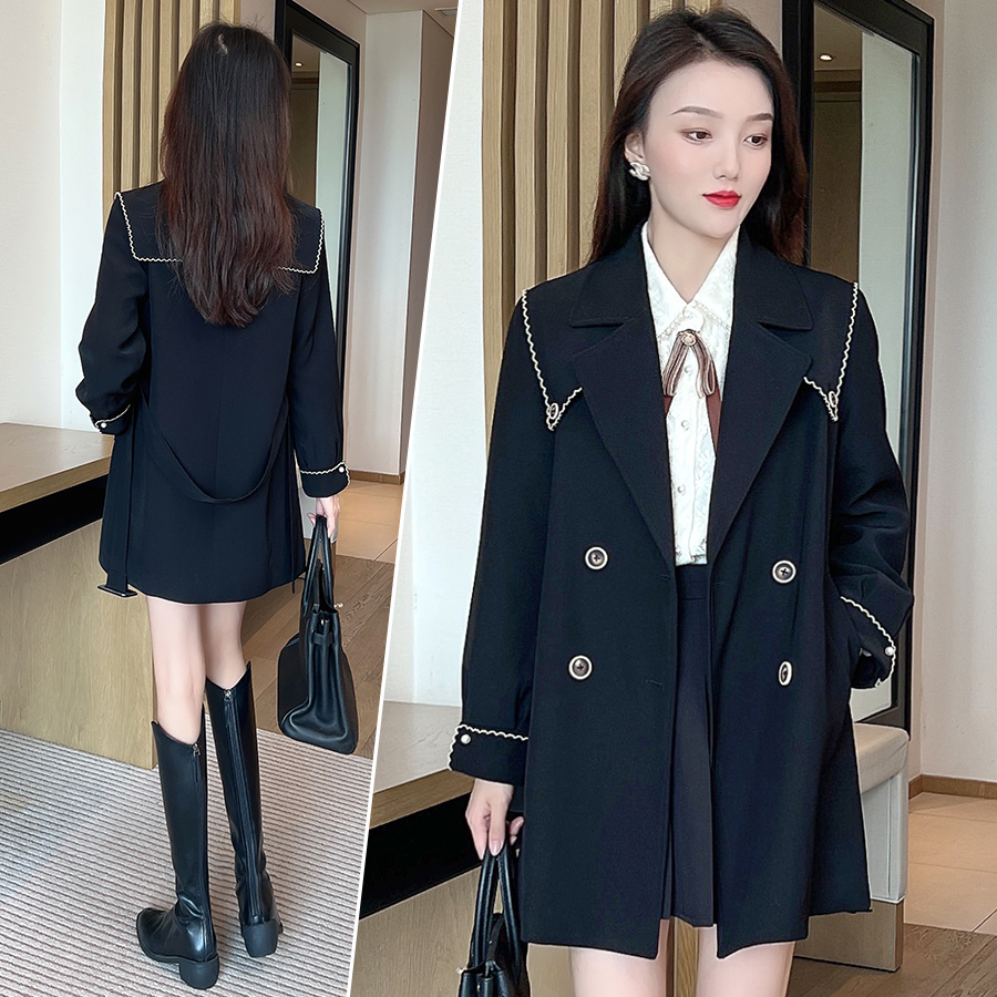 La babite风衣外套女秋季新款洋气英伦风海军领小个子中长款大衣