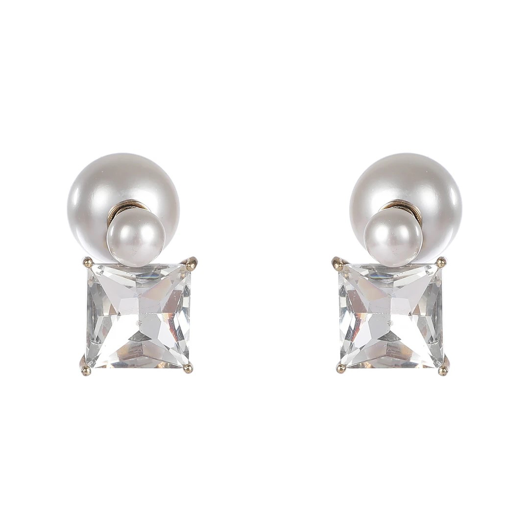 铜合金仿珍珠耳饰 复古方钻吊坠珍珠耳环女多种戴法耳钉气质耳饰